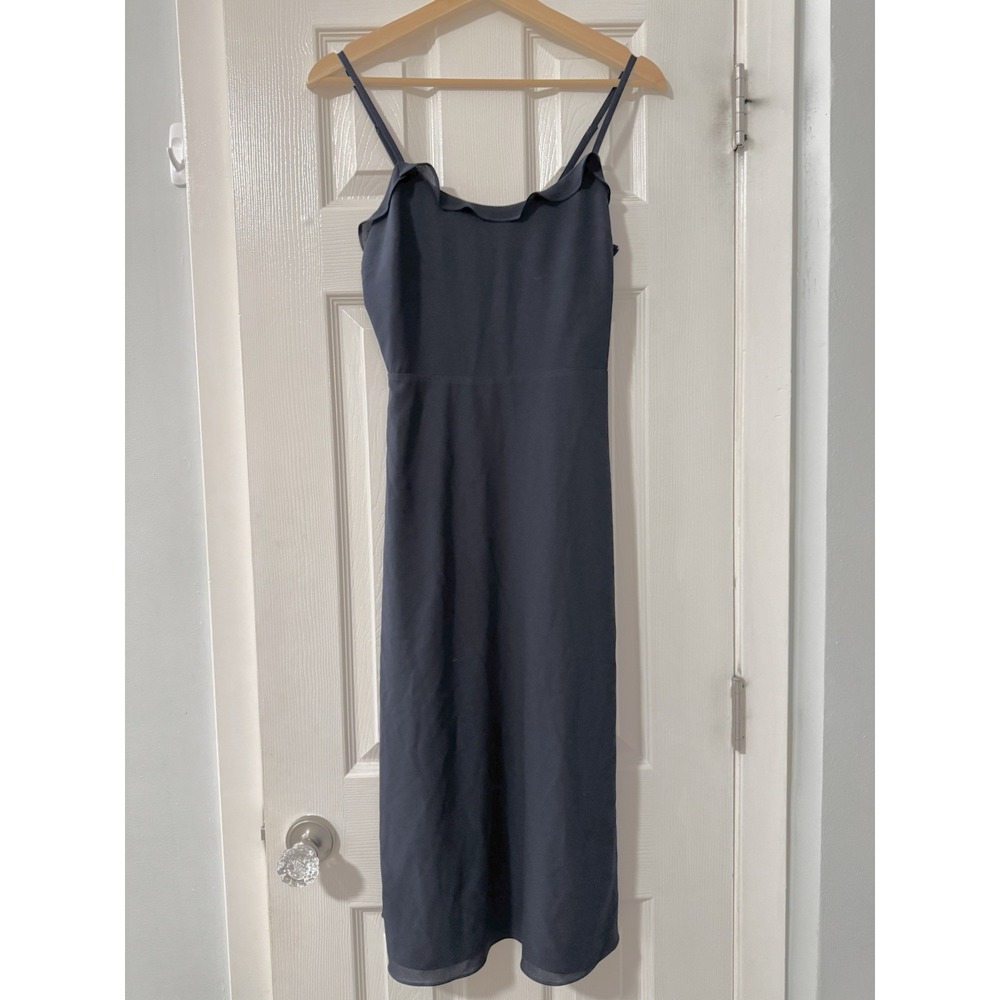 Aritzia Wilfred Philomene Midi Dress Sz 0 Navy Minimalist Ruffle Stretchy Simple